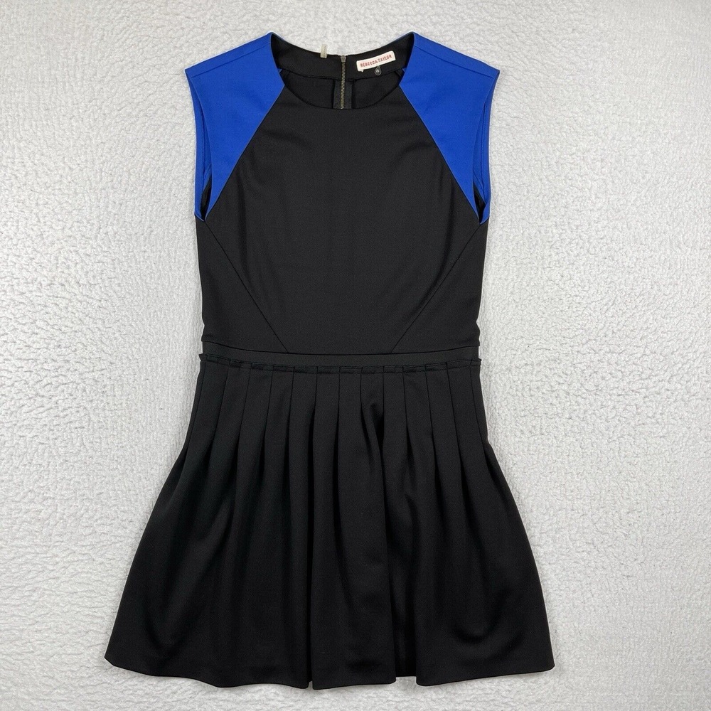Rebecca Taylor Dress Womens 8 Black Blue Cap Sleeve Pleated Ponte Fit Flare Work